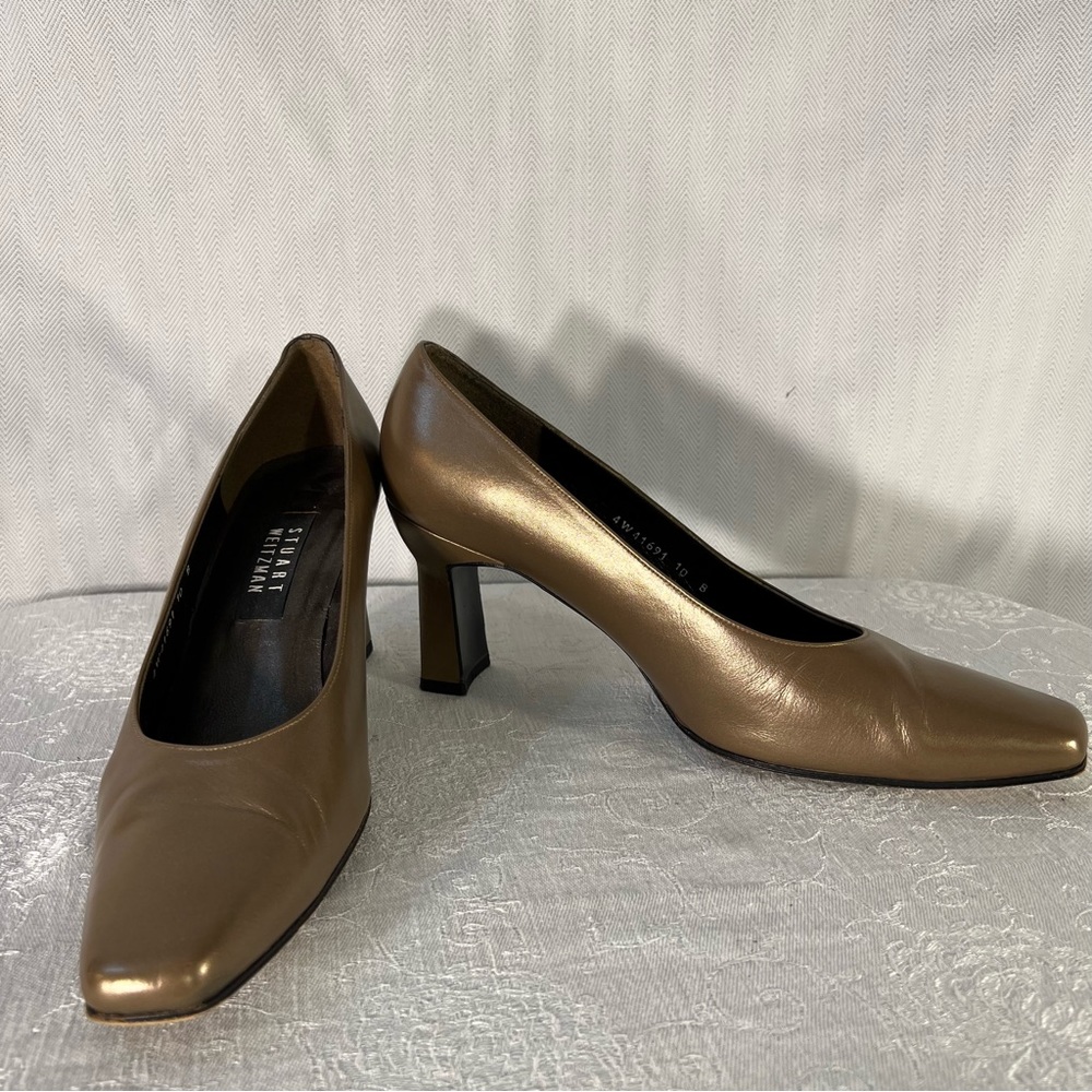Stuart Weitzman Copper/Tan Leather Slip On Block Heel Pumps Shoes 10 M